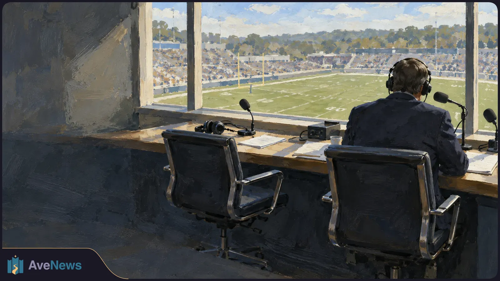 An empty chair beside a headset-wearing commentator in a broadcast booth overlooking a football stadium; microphones and papers sit on the desk. SI illustration
