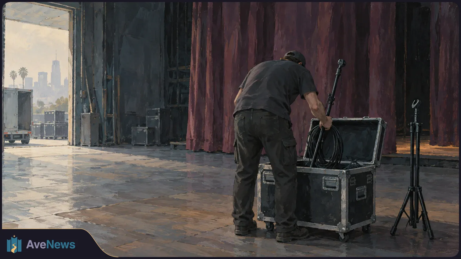 Illustration of a person placing coiled cables in an open equipment case beside microphone stands and a stage curtain. A loading door opens onto trucks and a city skyline. SI illustration