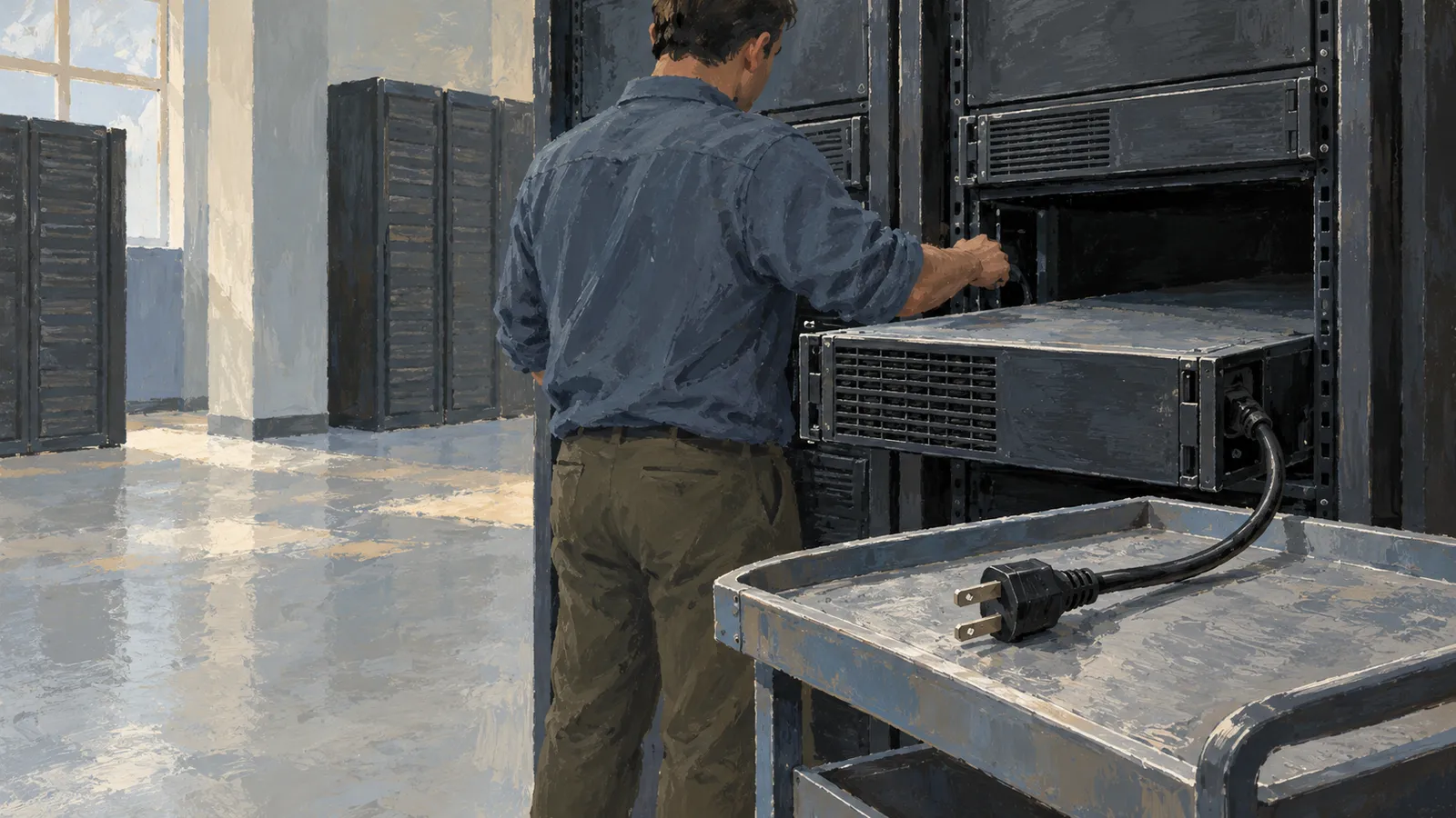 Illustration of a man working at a server rack, with a power cord unplugged on a cart in the foreground. SI illustration