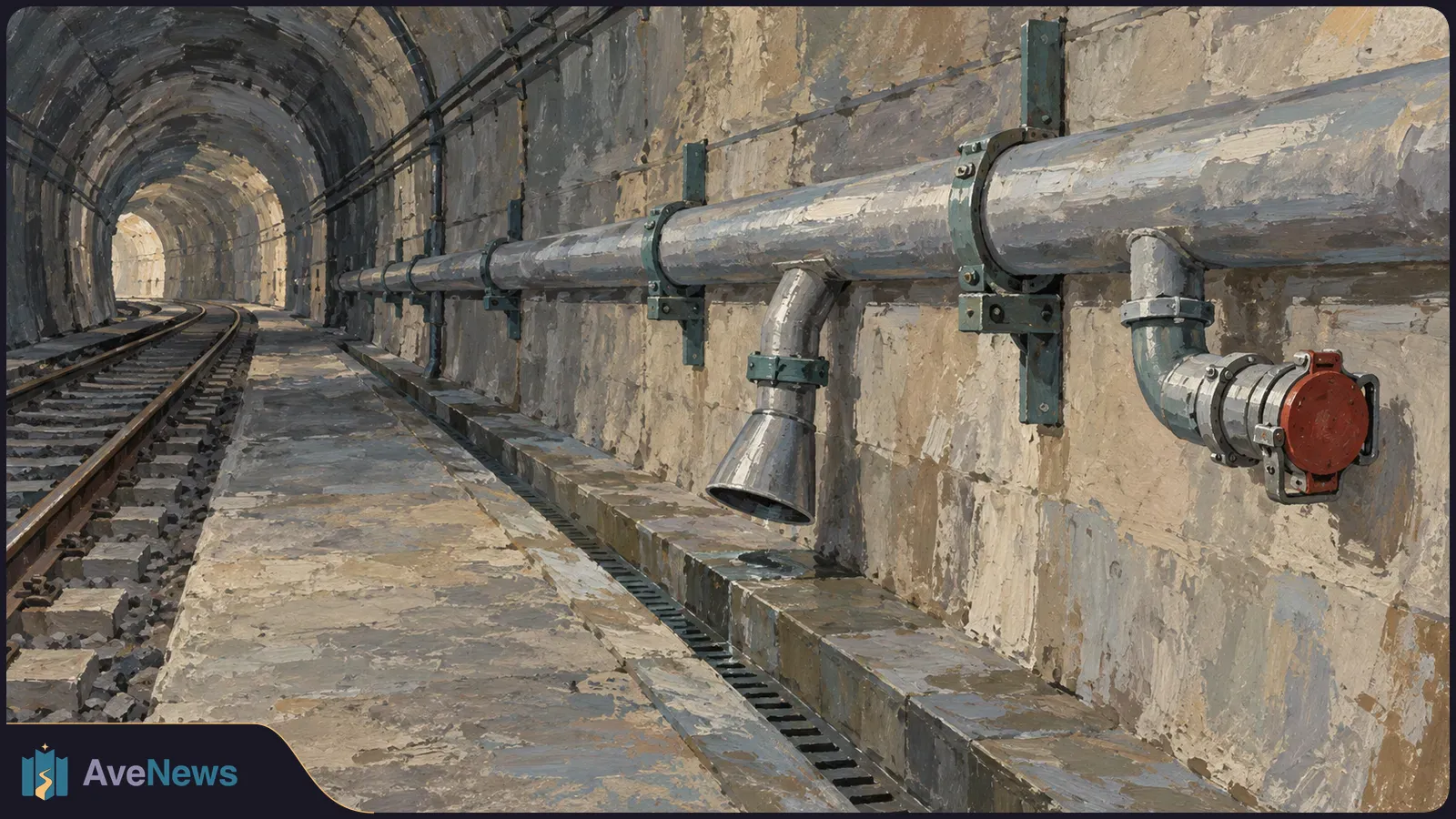 Painted view of a rail tunnel with tracks curving left beside a walkway and a large metal pipe mounted along the right wall. SI illustration