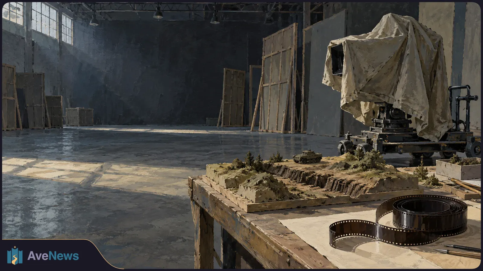 In a dim studio, a miniature battlefield with a tiny military vehicle sits on a worktable beside a coiled filmstrip; a covered camera stands behind it. SI illustration