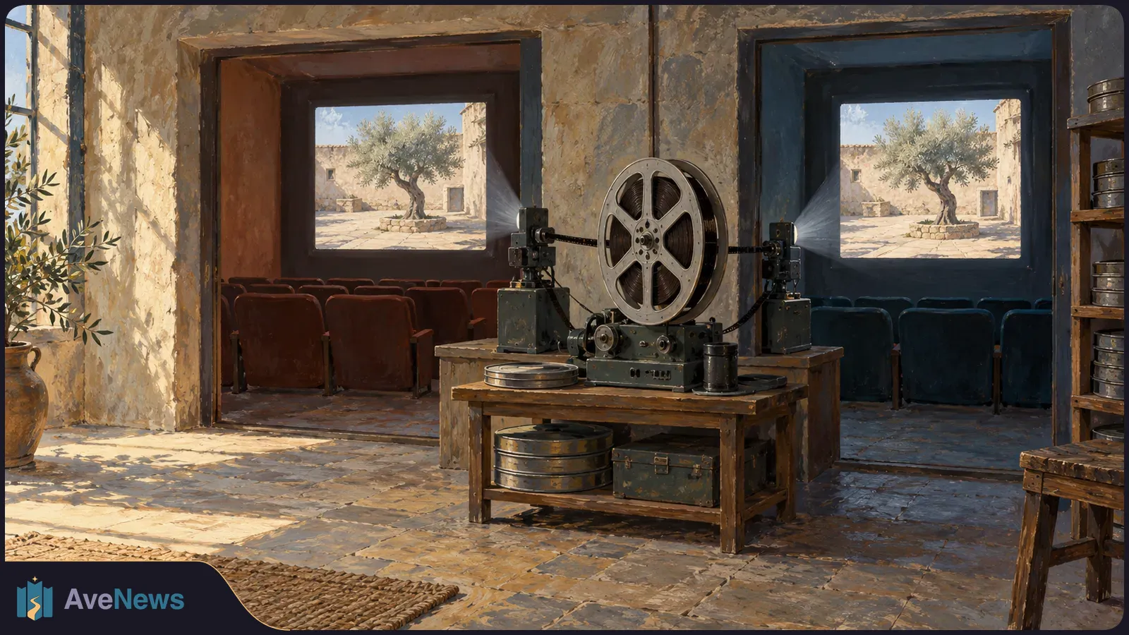 A painted scene of a film projector between two small screening rooms, each showing the same sunlit courtyard and olive tree. Film reels and empty seats surround it. SI illustration