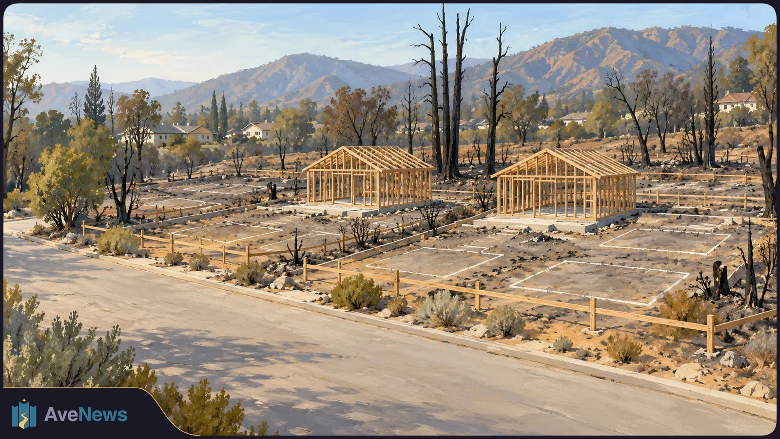 Two timber house frames stand among marked plots and fire-scarred trees beside a road, with houses and mountains in the distance. SI illustration