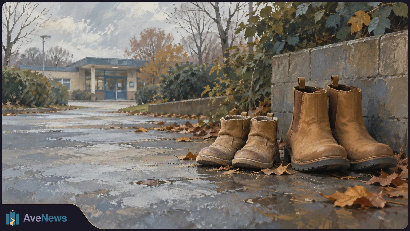 An illustration of two pairs of empty boots, one small and one large, beside a stone wall on a wet, leaf-strewn path leading to a building. SI illustration