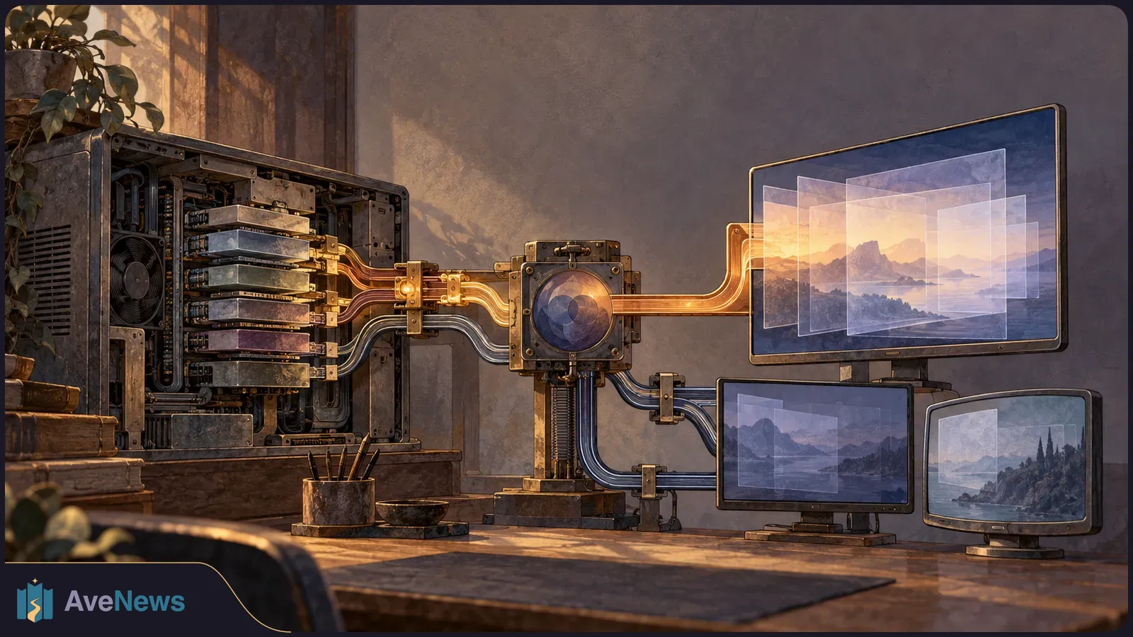 An illustrated computer workstation with an open tower and glowing cables feeding three monitors; translucent landscape images overlap on the largest screen. SI illustration