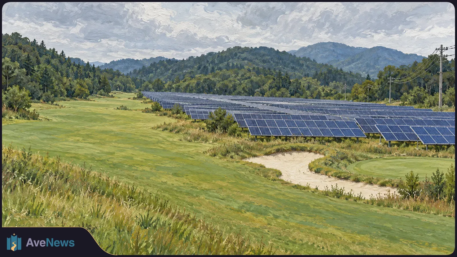 Painted landscape of solar panels beside a grassy golf fairway and sand bunker, with wooded hills, power lines and cloudy skies beyond. SI illustration