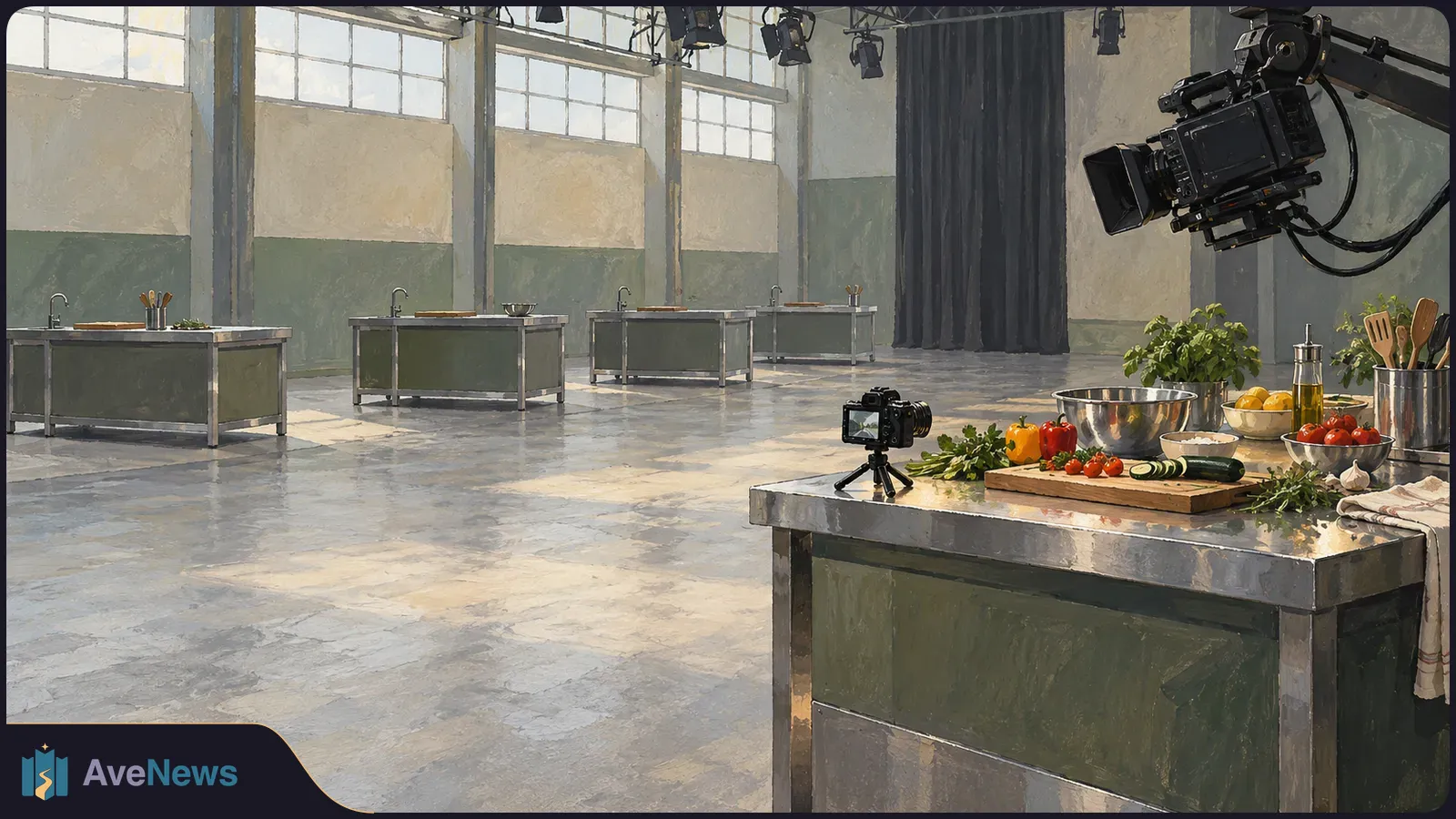 Painted view of an empty cooking studio with kitchen stations, overhead lights and a large camera. Vegetables, bowls and a smaller camera sit on the foreground counter. SI illustration