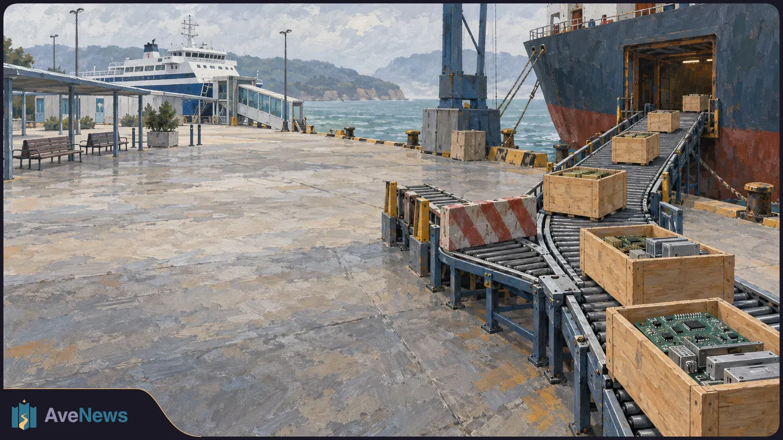 Painted seaport scene with wooden crates of computer components moving on conveyors into a cargo ship; a passenger ferry sits across the dock. SI illustration