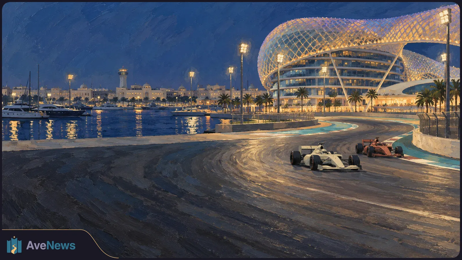 Two open-wheel race cars round a floodlit waterfront track beside yachts and a lattice-roofed building at dusk. SI illustration