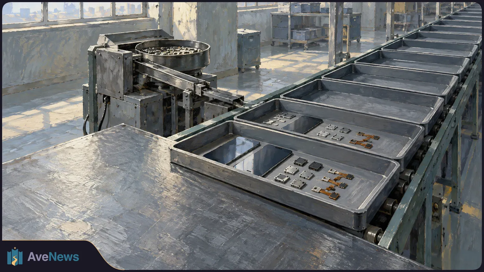 A painted factory scene shows trays carrying phone screens and small components along a conveyor, with many empty trays stretching into the background. SI illustration