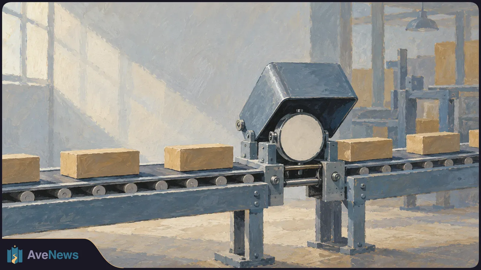 Painterly illustration of cardboard boxes moving along a conveyor belt through a large industrial sensor in a sunlit warehouse. SI illustration