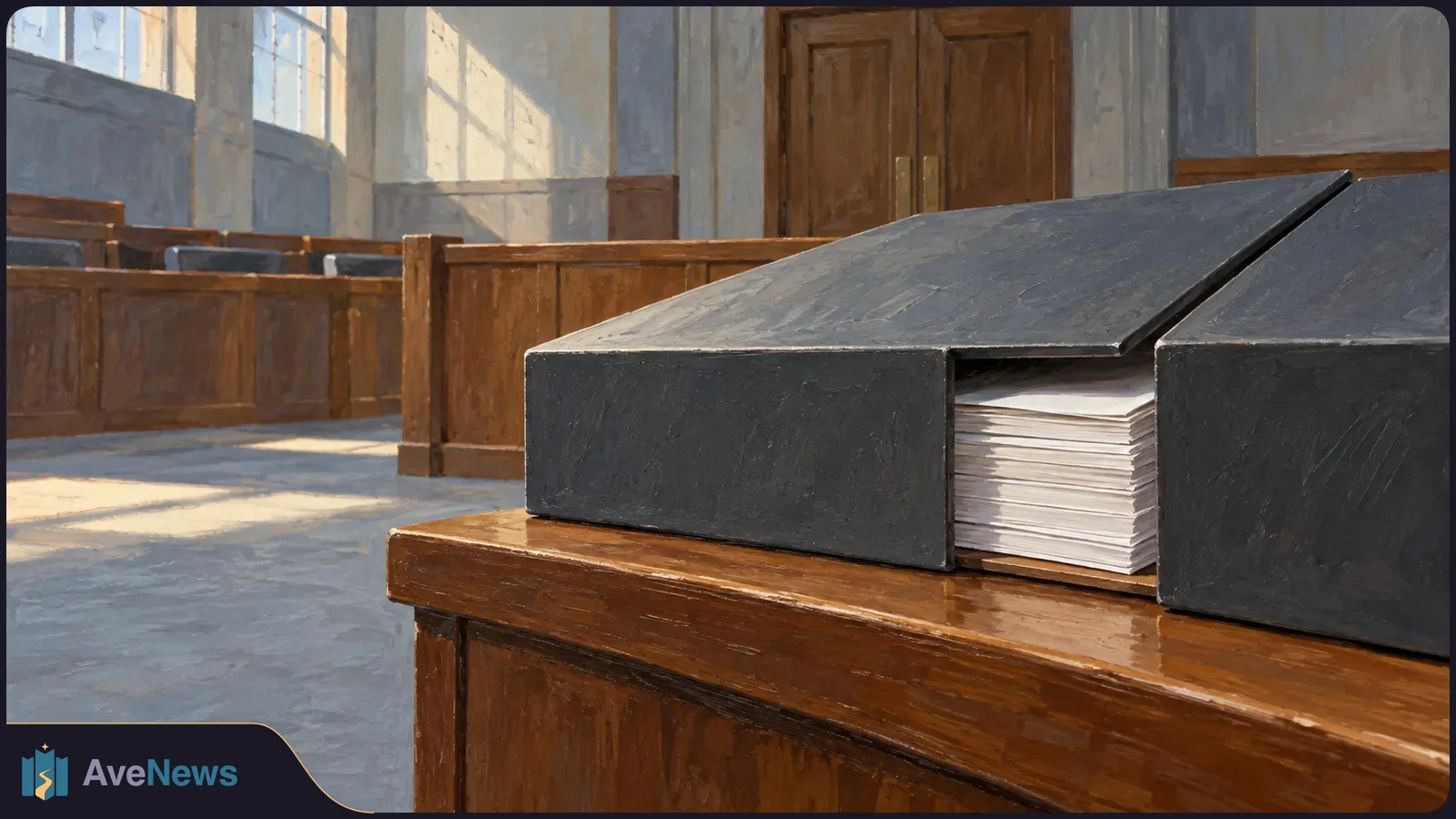 A thick stack of papers sits in a dark binder on a wooden desk in an empty courtroom with benches, tall windows and double doors. SI illustration