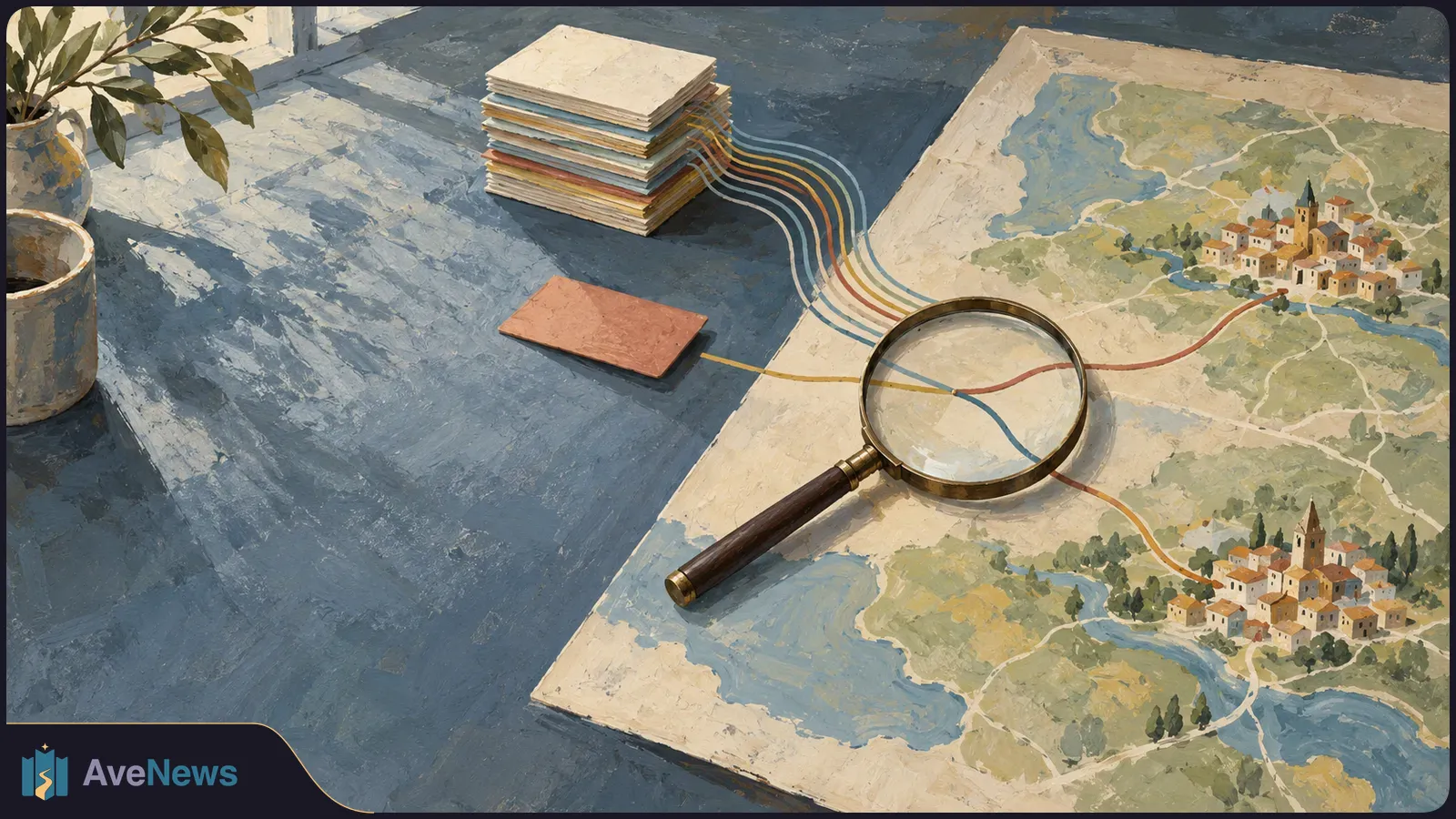 Painted illustration of a magnifying glass over a map of two towns, with colored lines running from a stack of papers onto the map. SI illustration
