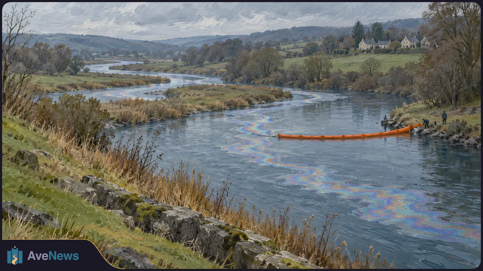A painted river winds through grassy hills. Rainbow-colored slicks streak the water, and an orange boom stretches from the bank near two small figures. SI illustration