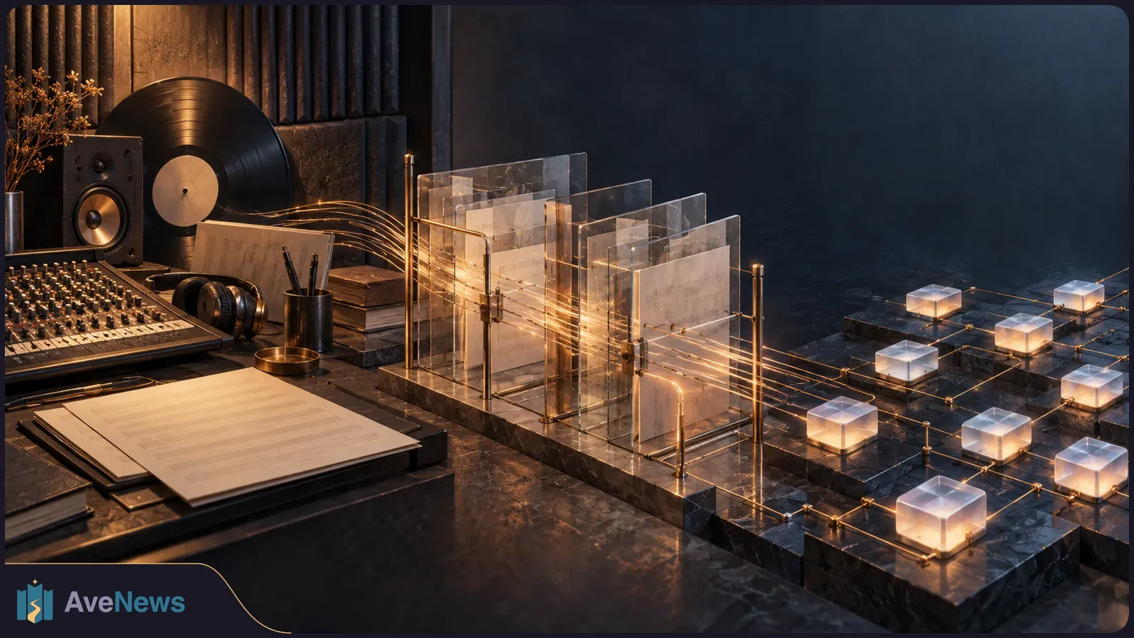 A music studio desk with a mixer, vinyl record and headphones. Glowing lines pass through transparent music sheets toward a grid of lit cubes. SI illustration