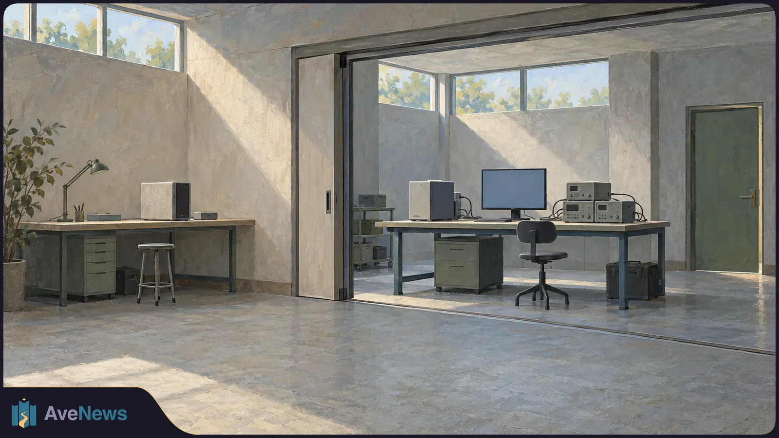 Sunlit, empty testing room with workbenches, computer equipment, electronic instruments and a blank monitor. SI illustration