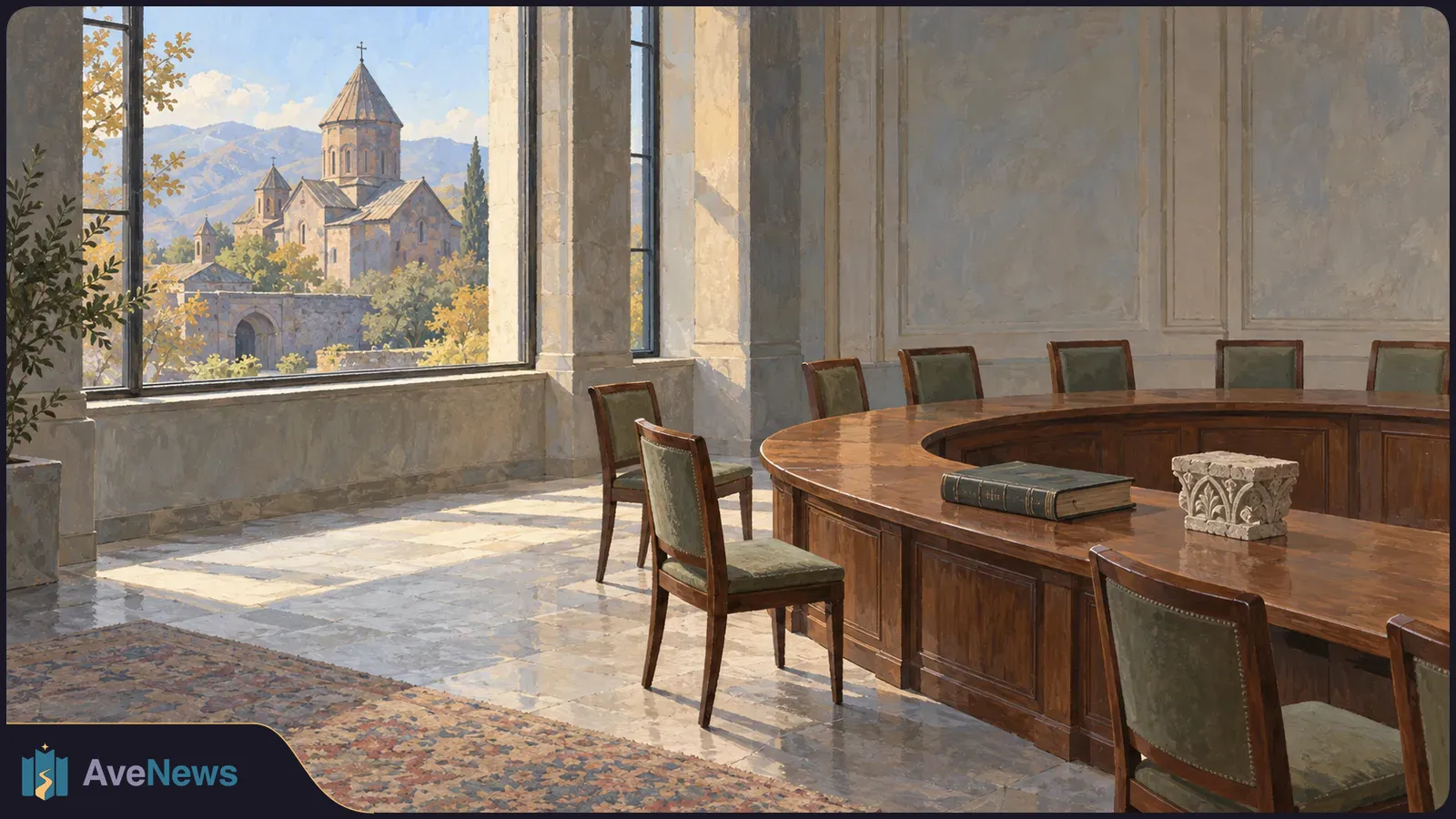 Painted meeting room with an empty curved table and chairs; a church stands beyond tall windows against distant mountains. SI illustration