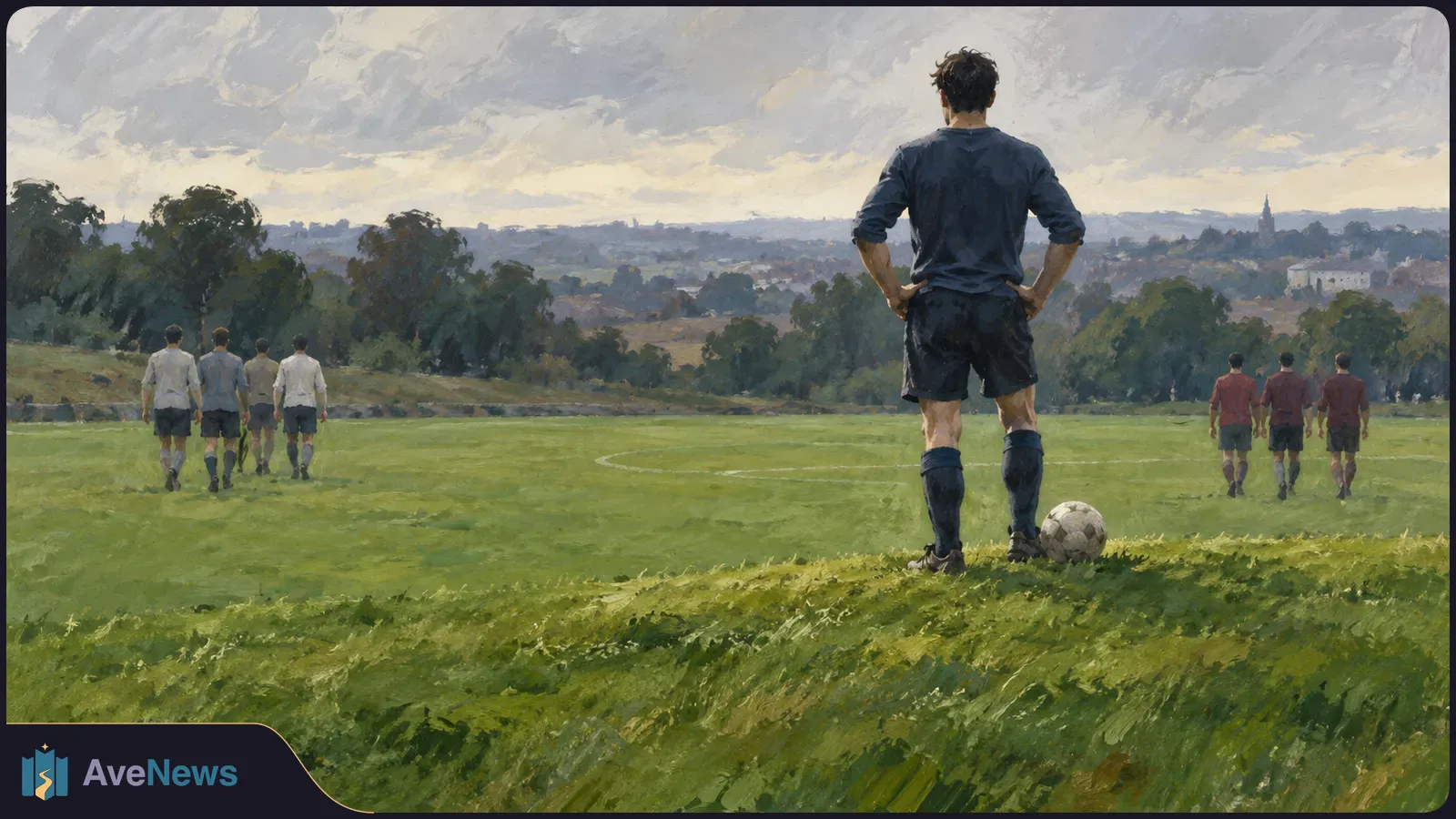 Painterly illustration of a soccer player seen from behind beside a ball, while two groups of players walk across a green field beneath a cloudy sky. SI illustration