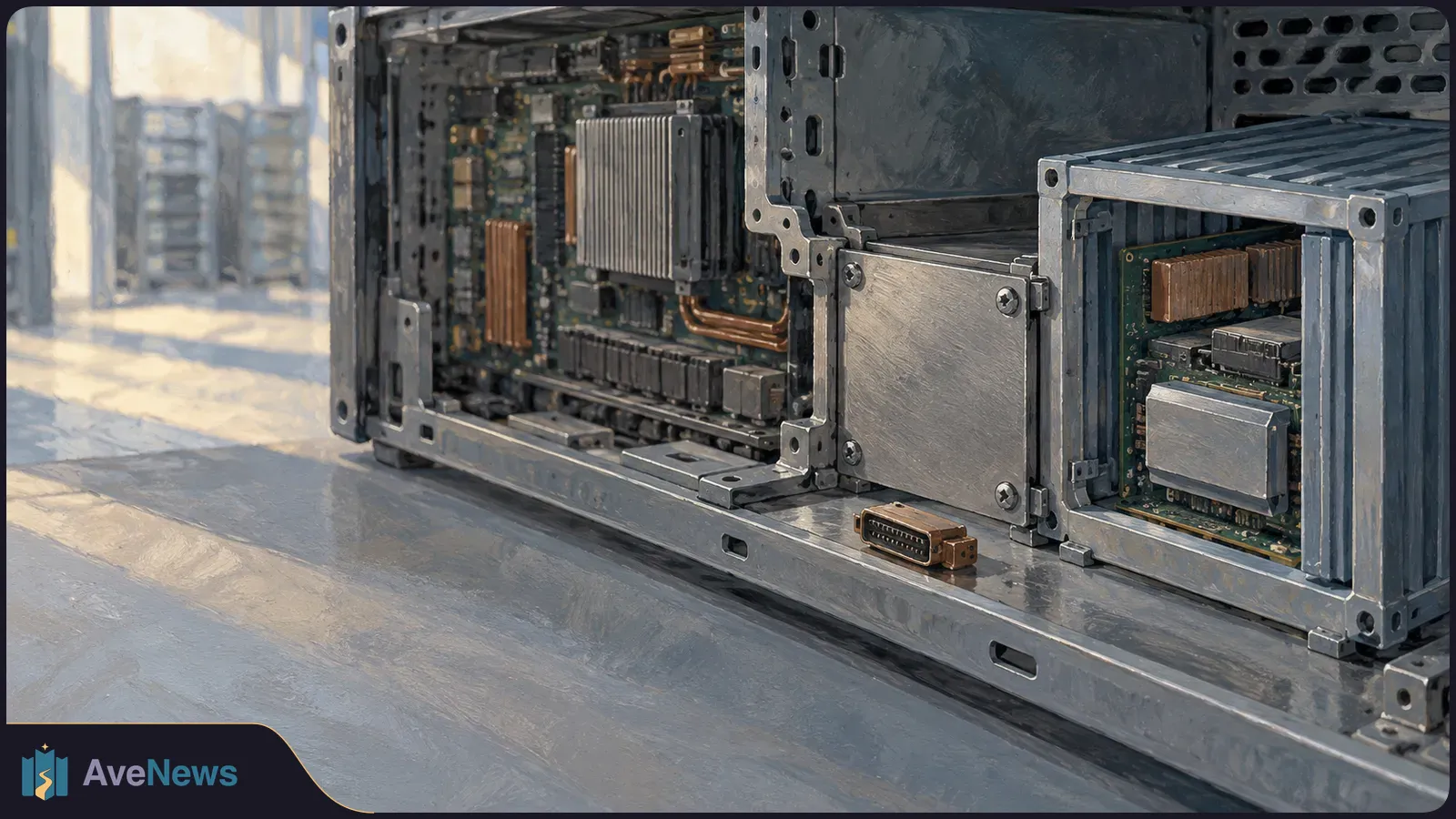 Illustration of open metal computer units with exposed circuit boards and heat sinks on a workbench; a loose connector rests in front. SI illustration