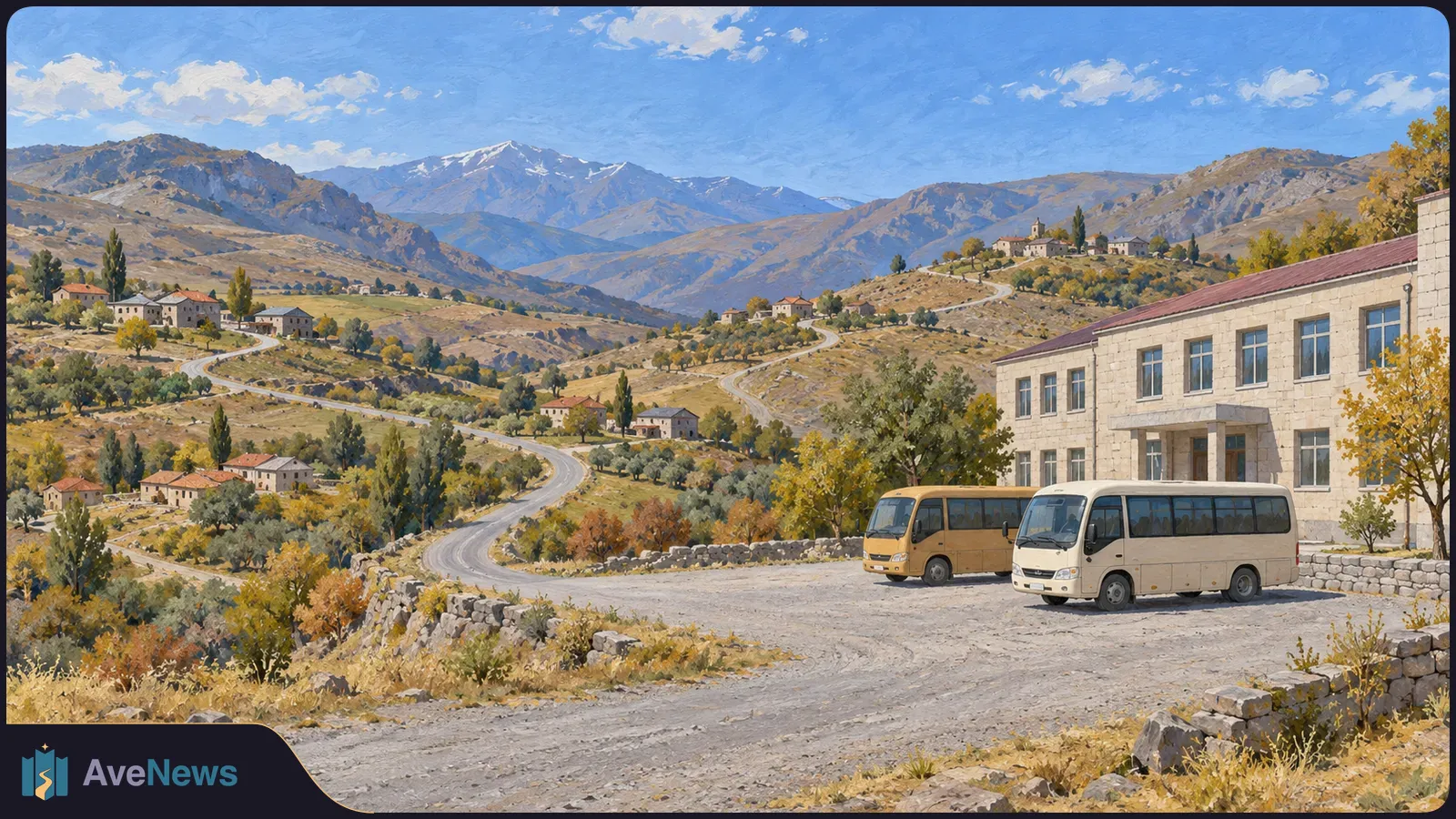Painted mountain village scene with two minibuses parked beside a pale school-like building, with winding roads and scattered houses beyond. SI illustration