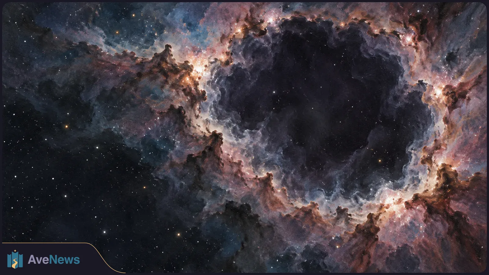 A dark star field with a large hollow center, surrounded by swirling pink, blue and brown nebula clouds. SI illustration
