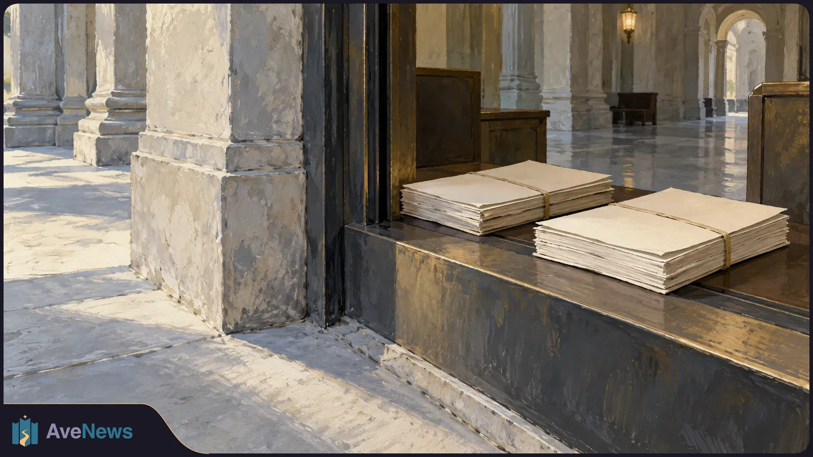 Two tied stacks of blank papers rest on a dark wooden counter beside stone columns in a sunlit arched hallway. SI illustration
