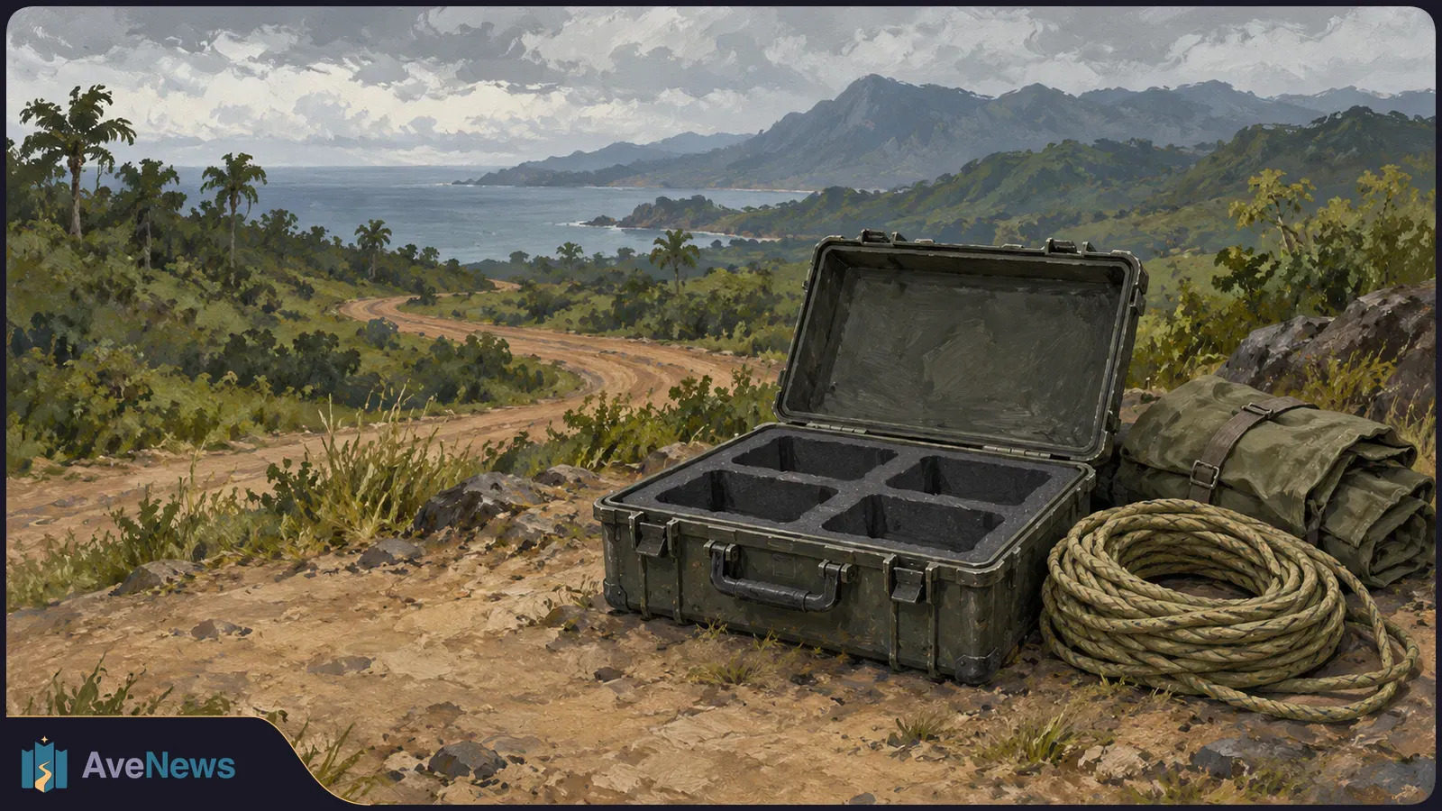 An open, empty equipment case sits beside a coiled rope and rolled green fabric on a dirt road overlooking a wooded coast and mountains beneath cloudy skies. SI illustration