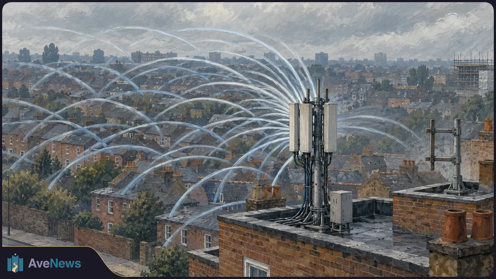 Painted view of rooftop mobile antennas above rows of brick houses, with pale arcs stretching across the neighborhood under a cloudy sky. SI illustration