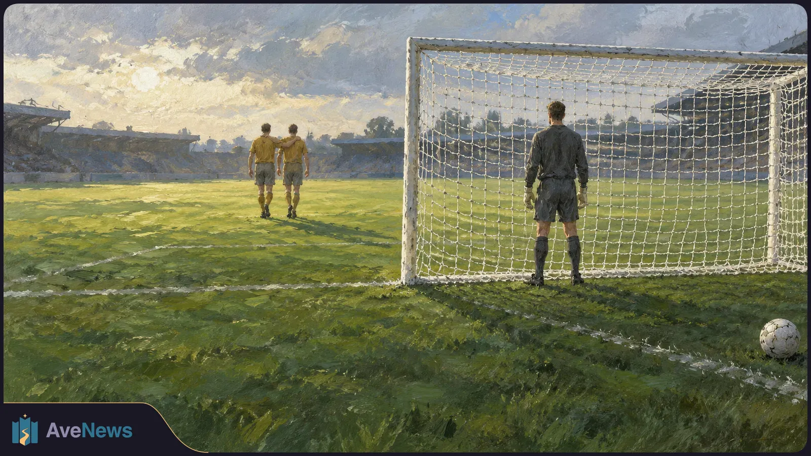 Painterly football scene: a goalkeeper stands before the net, two yellow-shirted players walk across the pitch, and a ball rests on the grass at lower right. SI illustration