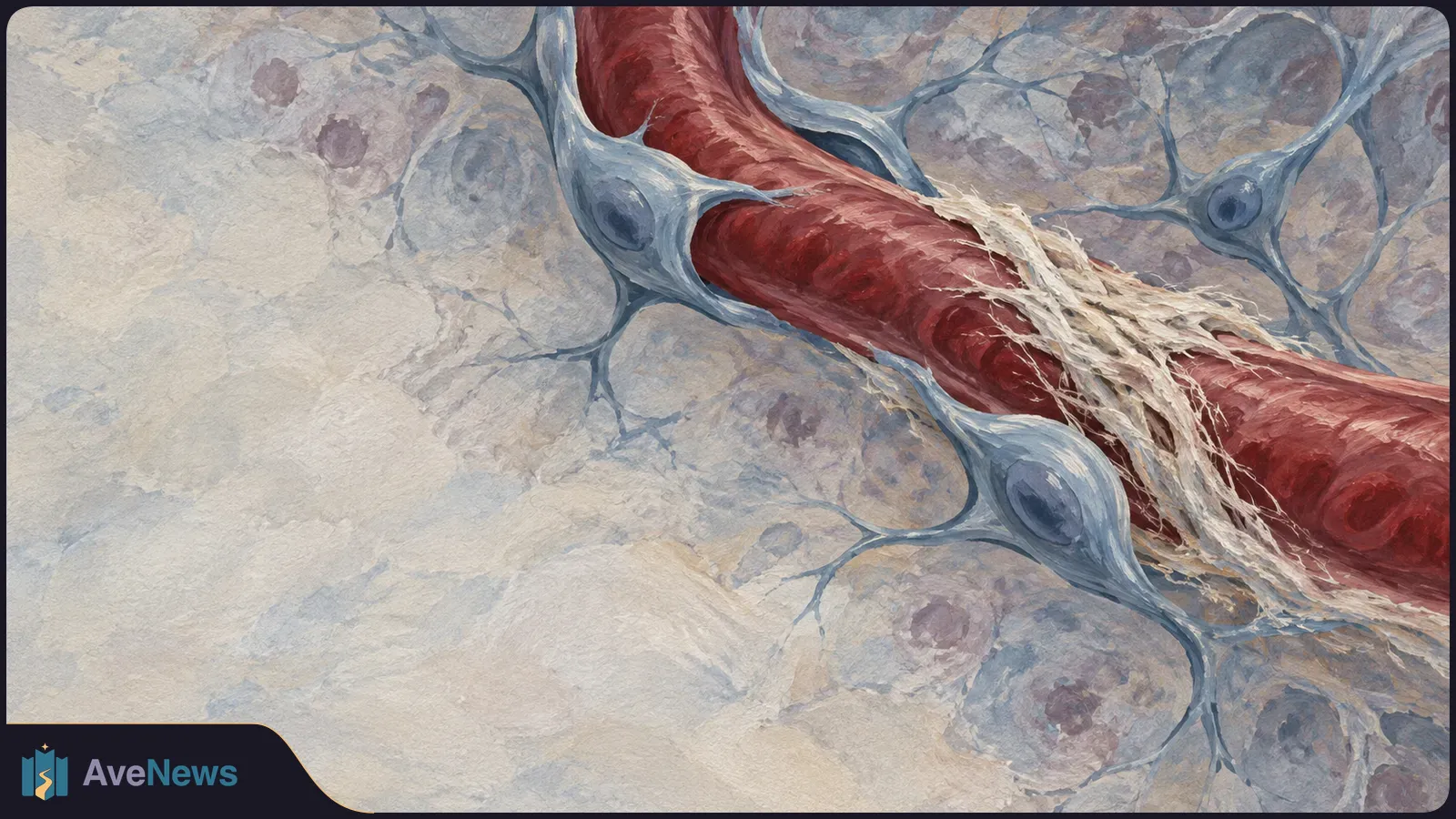 Painted close-up of a red vessel among blue-gray cells, with pale tangled fibers draped across it. SI illustration