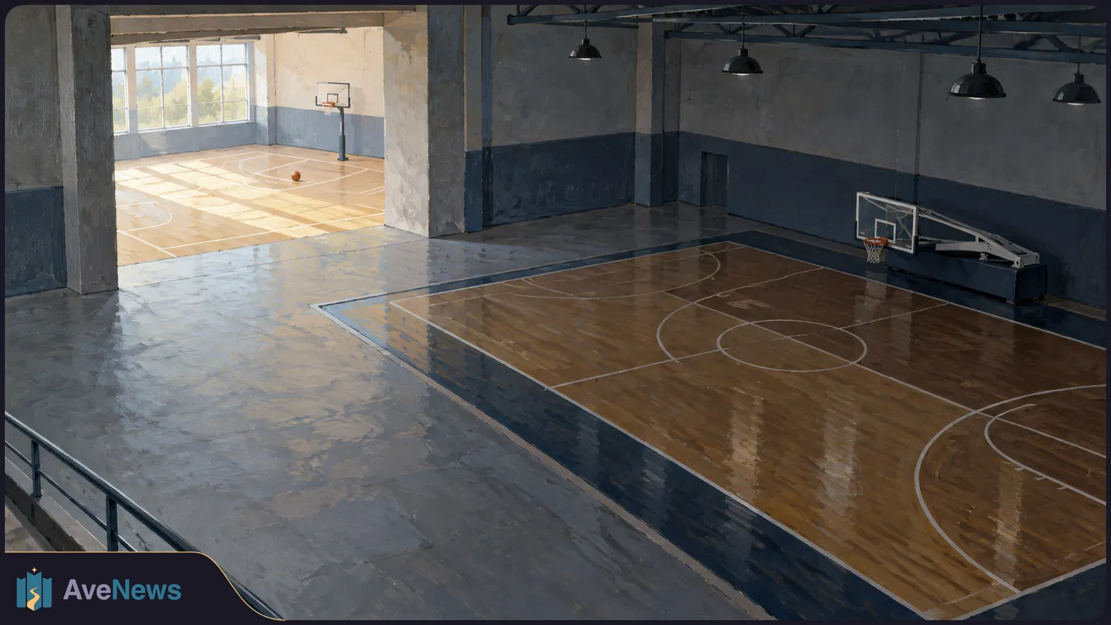 Two empty indoor basketball courts, one dim and one sunlit, with hoops on both and a lone ball on the bright court. SI illustration