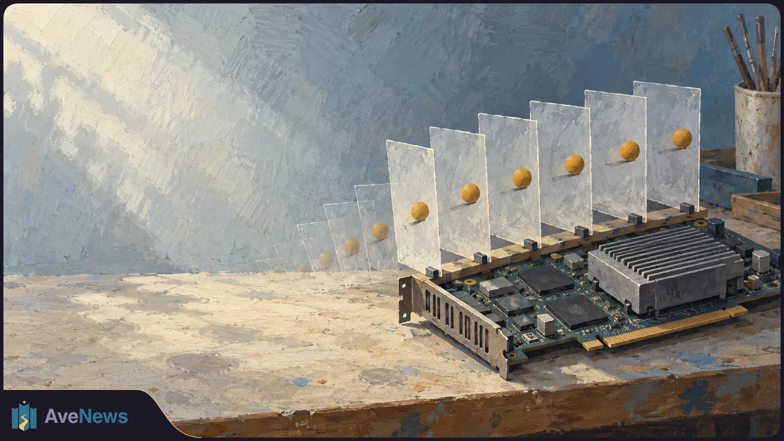 A painted graphics card rests on a workbench beside a receding row of translucent panels, each with a yellow sphere. Paintbrushes stand in a jar behind it. SI illustration
