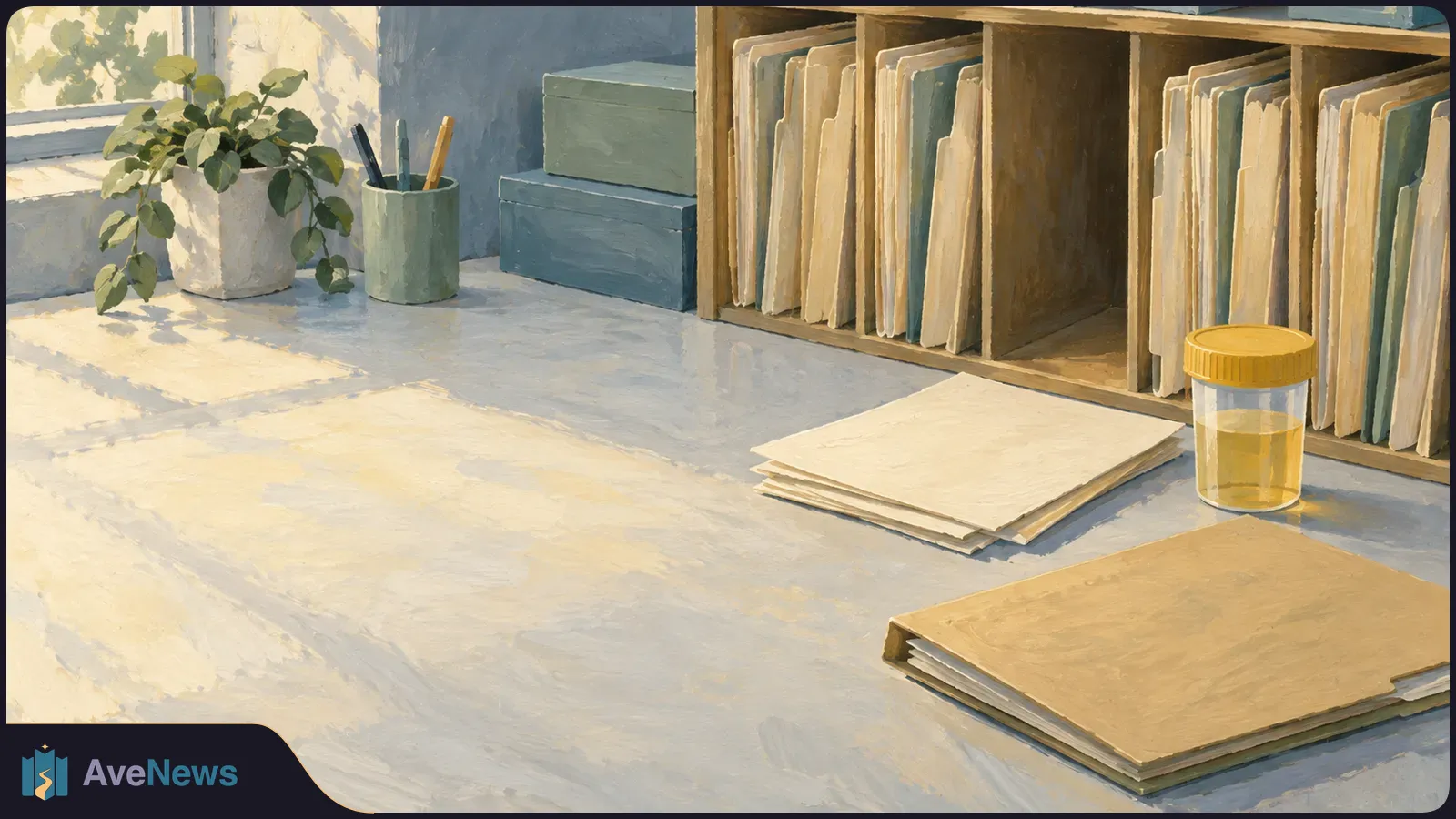 Painterly illustration of a sunlit desk with folders, a clear cup of yellow liquid, shelves of files, a potted plant and a pencil holder. SI illustration