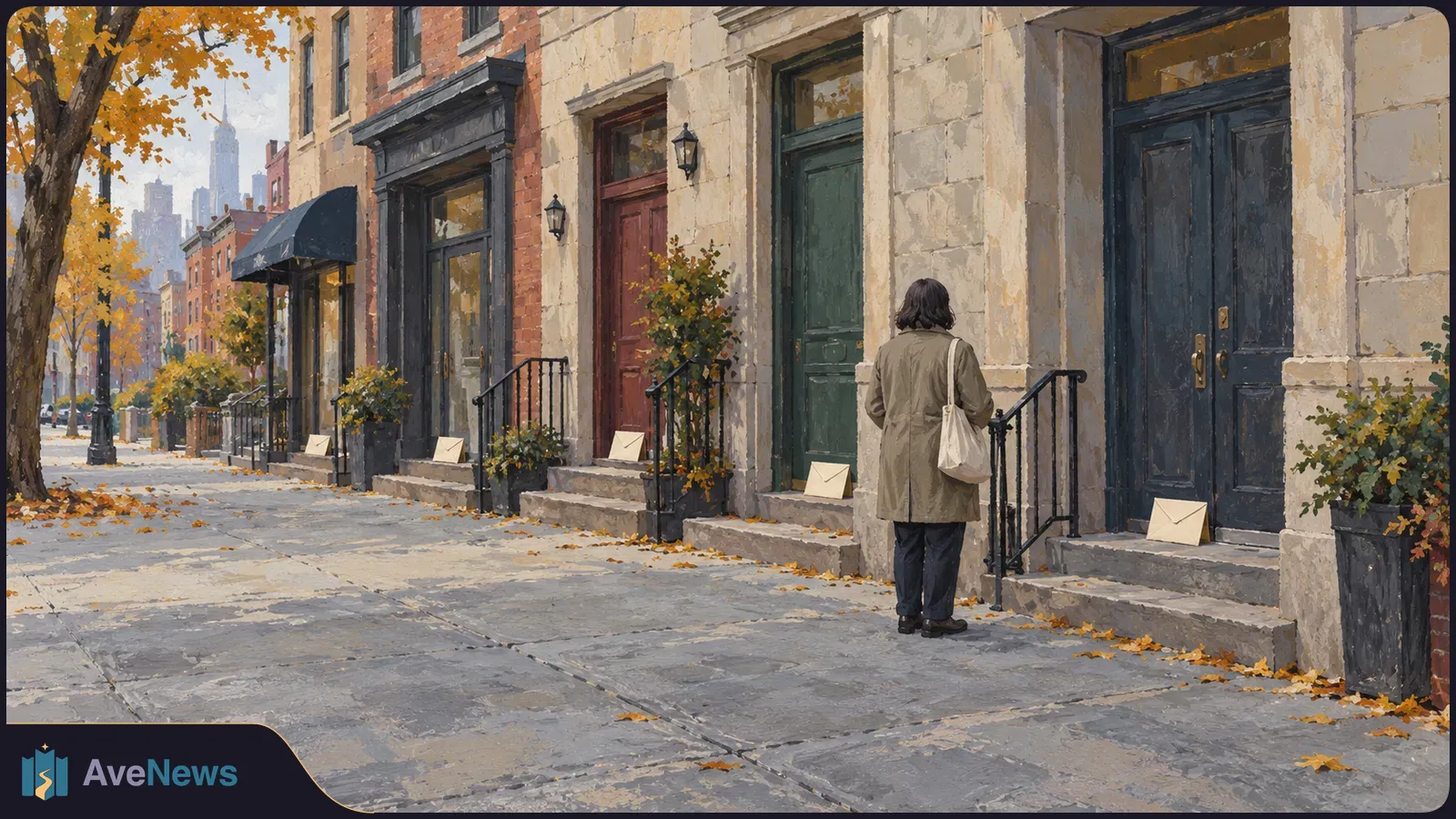 Painterly city sidewalk in autumn, with envelopes on several doorsteps and a person carrying a tote bag standing near a dark doorway. SI illustration
