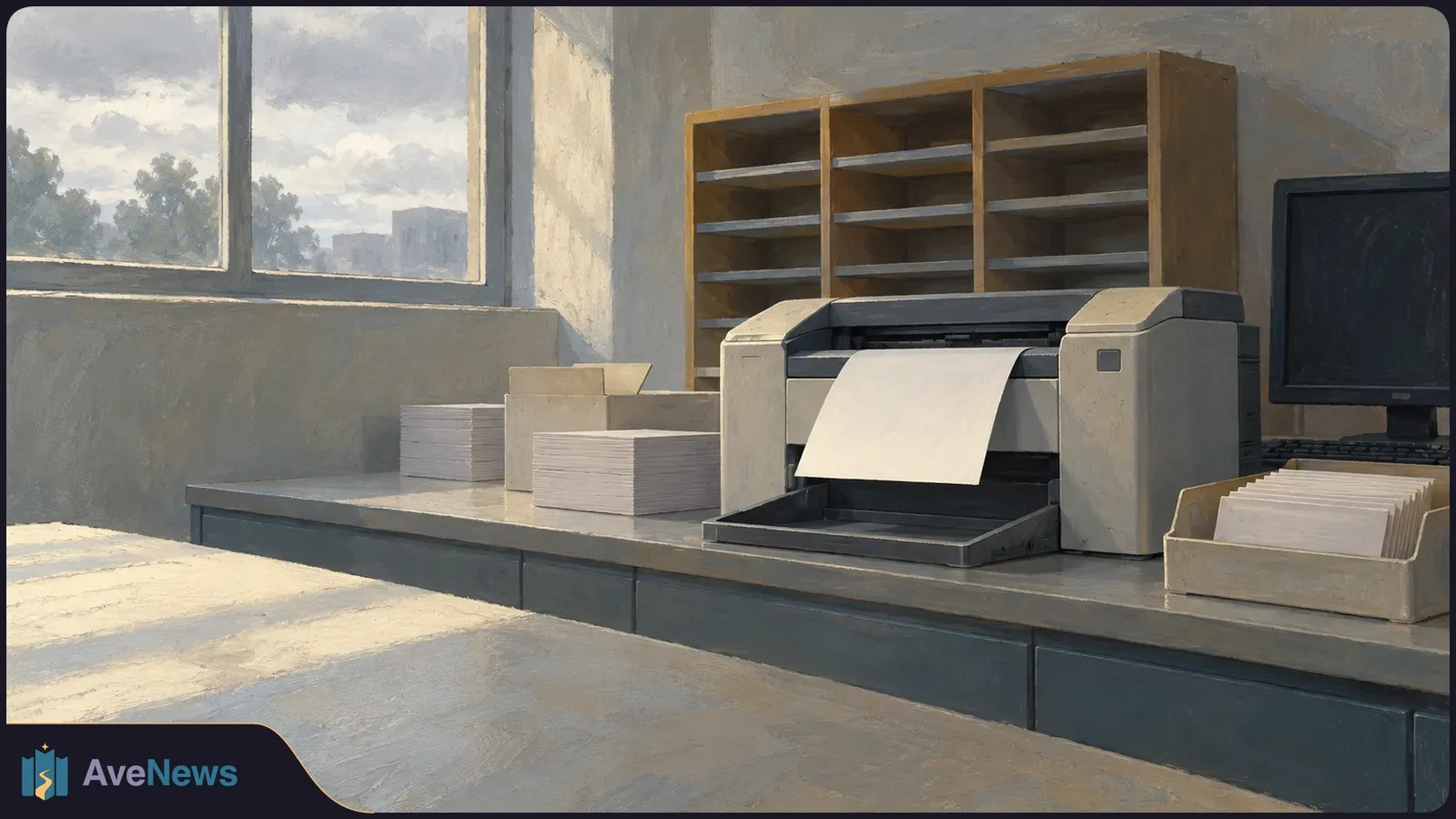 Painted office scene with a printer feeding a blank sheet, stacks of paper and envelopes, empty shelves, and a dark monitor beside a sunlit window. SI illustration