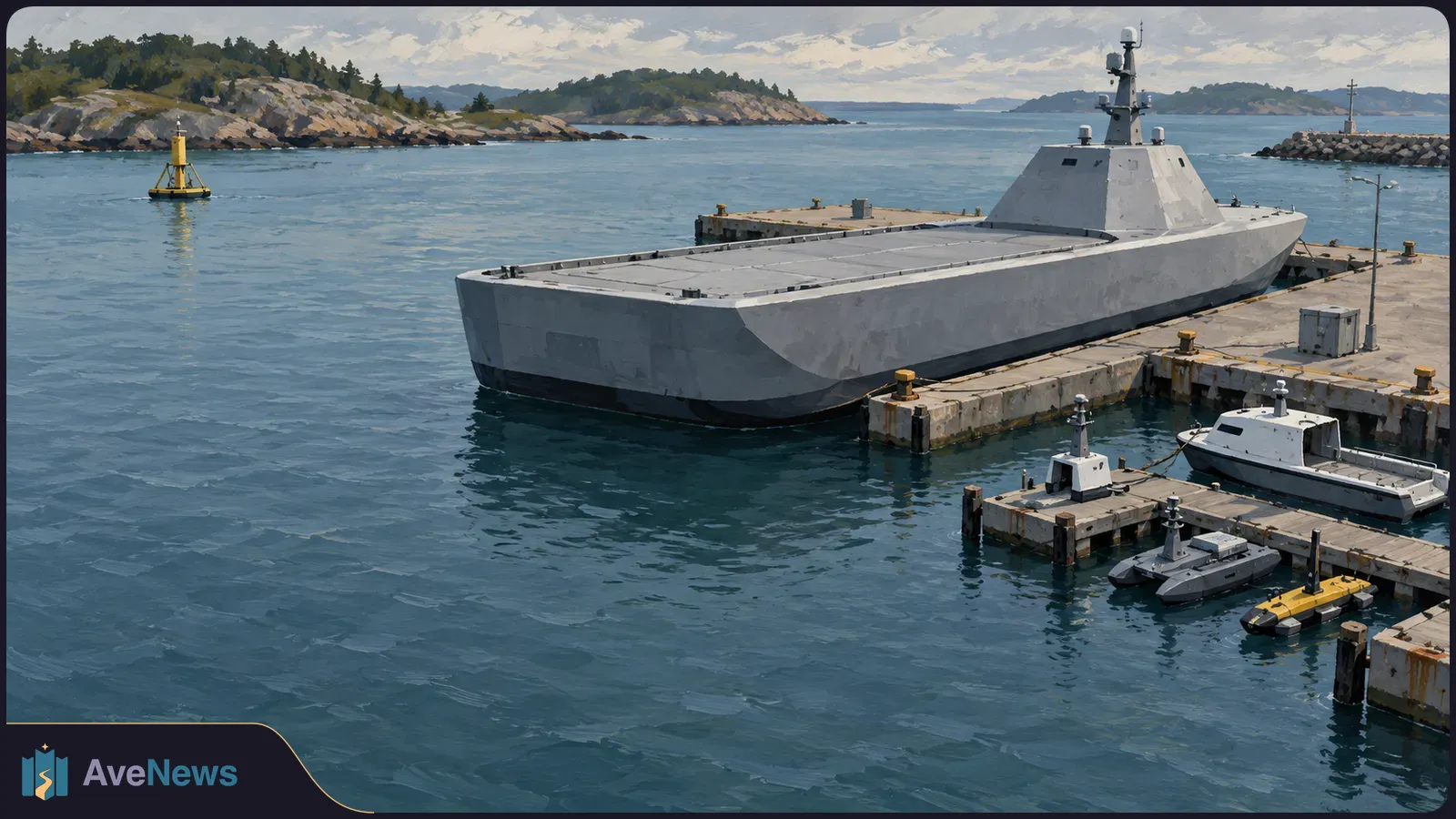 Painterly view of a large angular gray vessel moored at a coastal pier, with several smaller boats nearby and rocky islands beyond. SI illustration