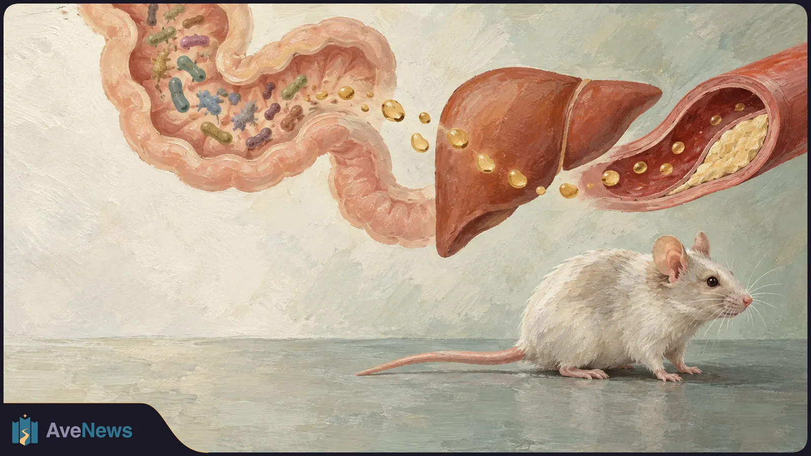 A painted white mouse beneath a cutaway intestine with colored microbes, a liver, and a plaque-filled artery, with yellow droplets between them. SI illustration