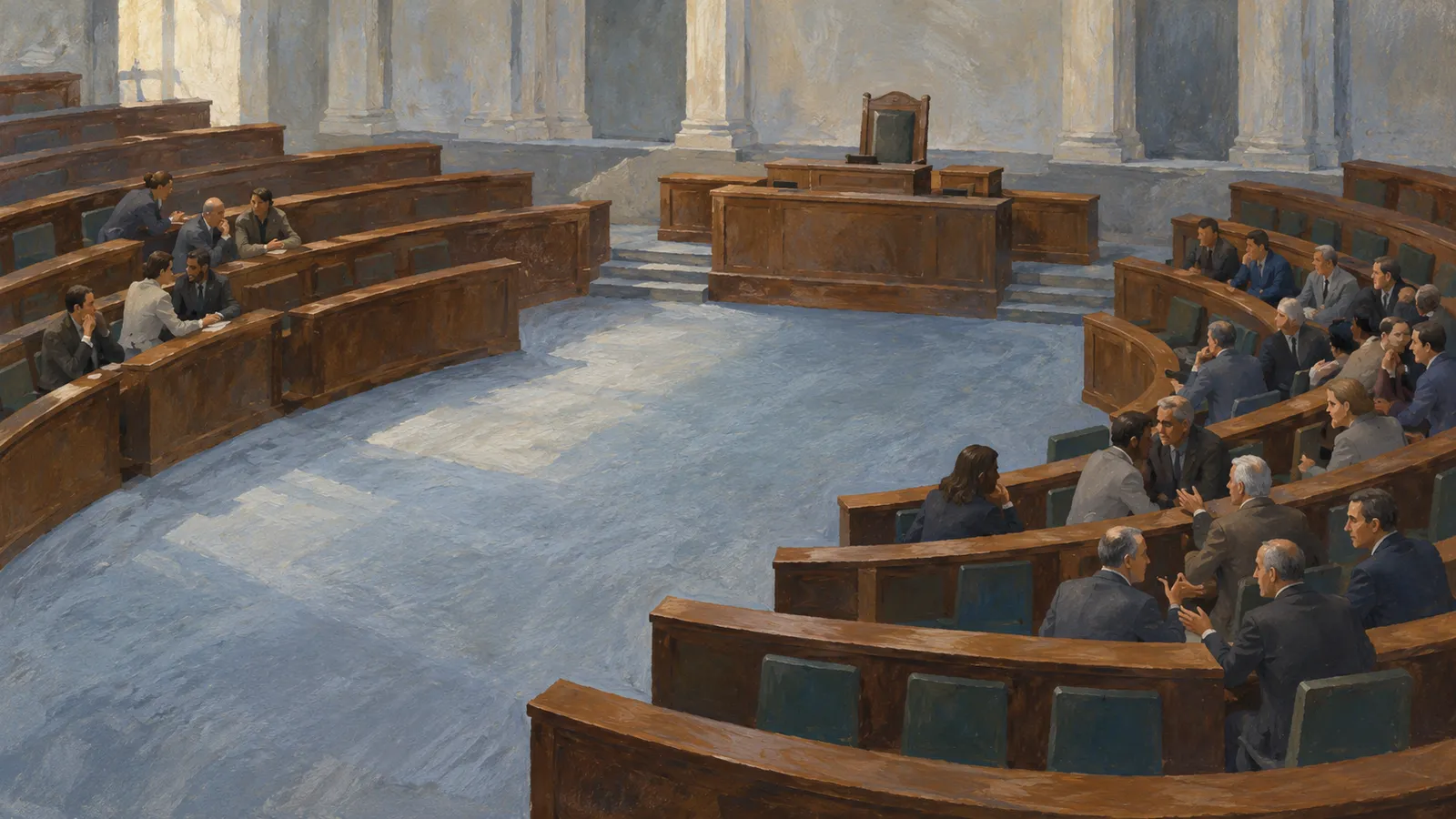 Painting of people talking in small groups on curved wooden benches in a large chamber, facing an empty raised desk. SI illustration
