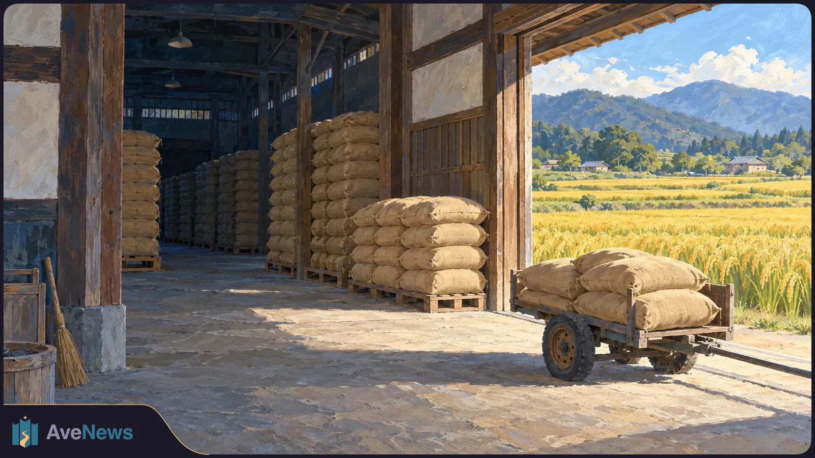 Stacks of burlap sacks fill a wooden warehouse. A loaded cart stands by the open doorway, with golden rice fields and mountains beyond. SI illustration