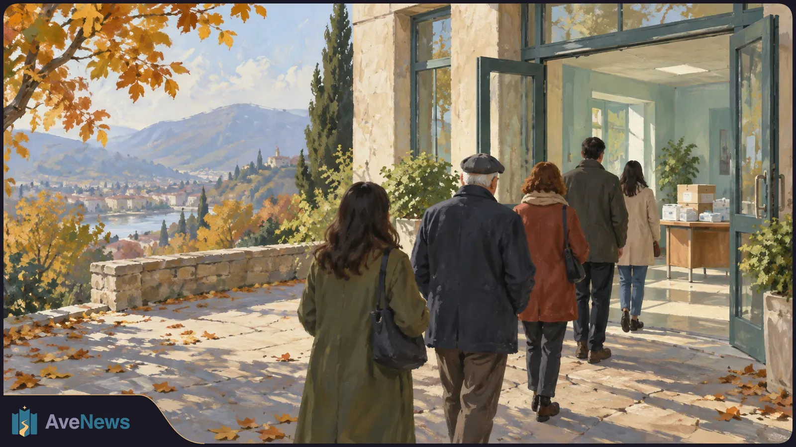 Illustration of five people walking toward an open building entrance, with boxes on a table inside and an autumn mountain landscape behind them. SI illustration