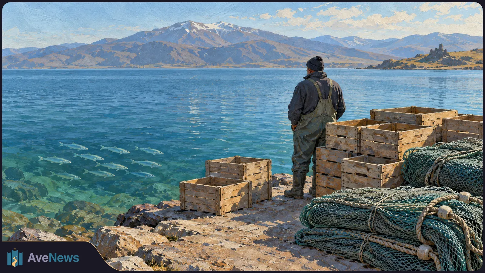 An illustrated fisher stands beside wooden crates and bundled nets on a rocky shore, looking across clear water with fish beneath the surface and mountains beyond. SI illustration
