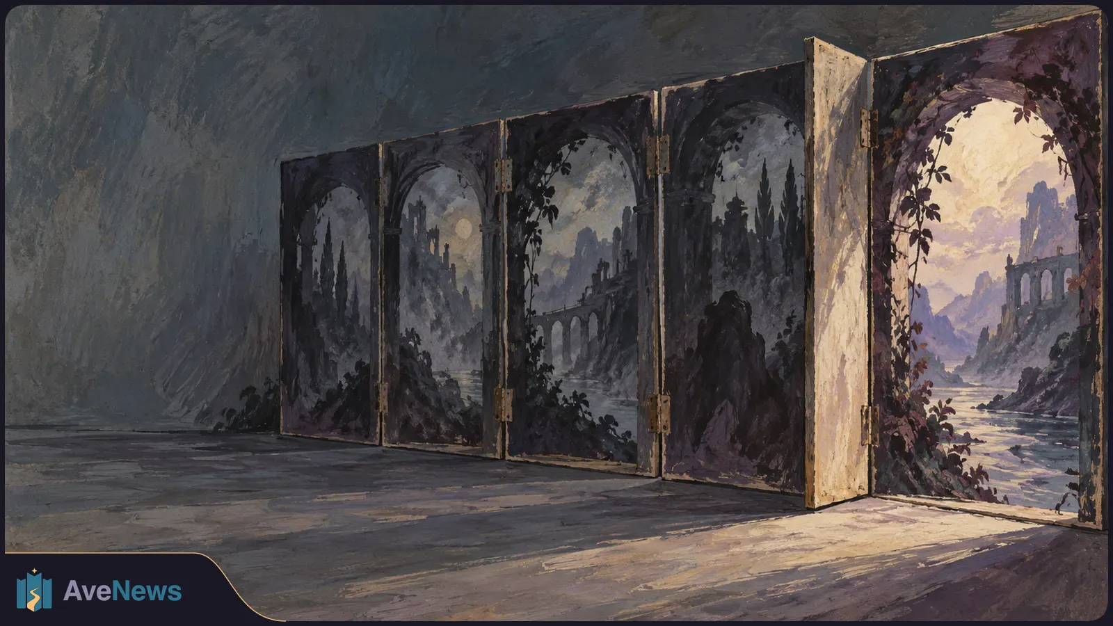Illustration of a folding screen in a dim room. Its arched panels show a shadowy river landscape, while the open panel at right reveals a sunlit view of water and ruins. SI illustration