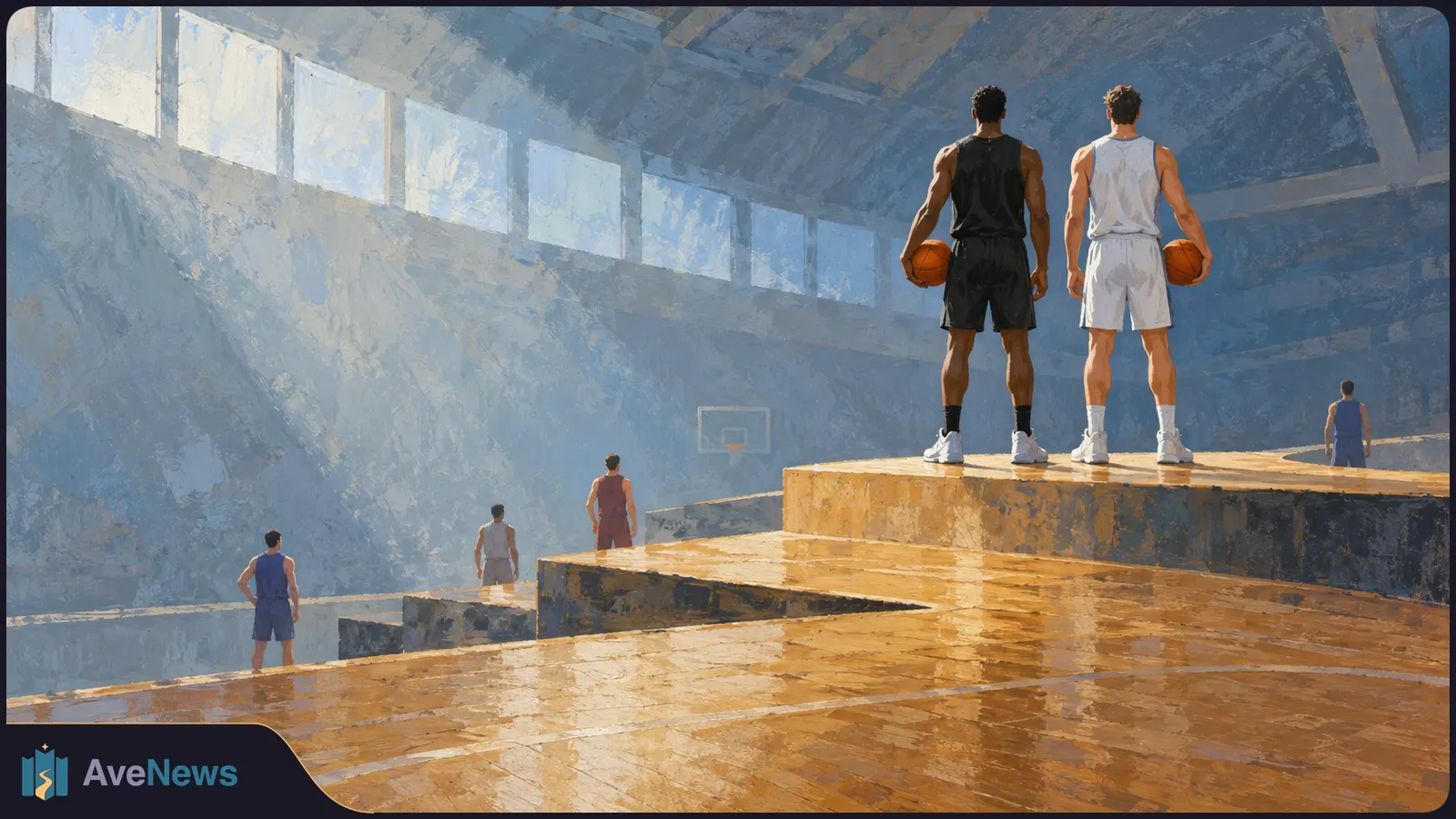 Illustration of two basketball players holding balls on a raised court, with three other players and a hoop in a sunlit gym. SI illustration