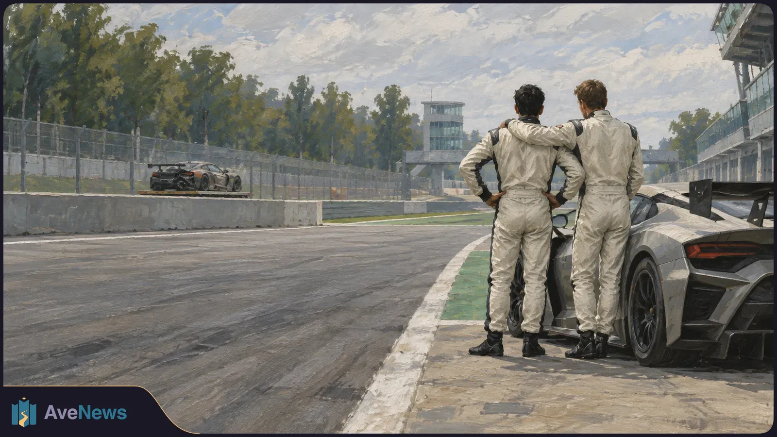 Painterly view of two racing drivers in white suits beside a gray sports car at a racetrack, looking toward another car beyond the fence. SI illustration