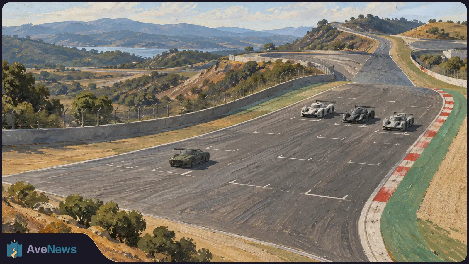 Painterly view of four race cars on a marked grid at a winding hillside circuit, with fences, dry slopes, distant mountains and water. SI illustration