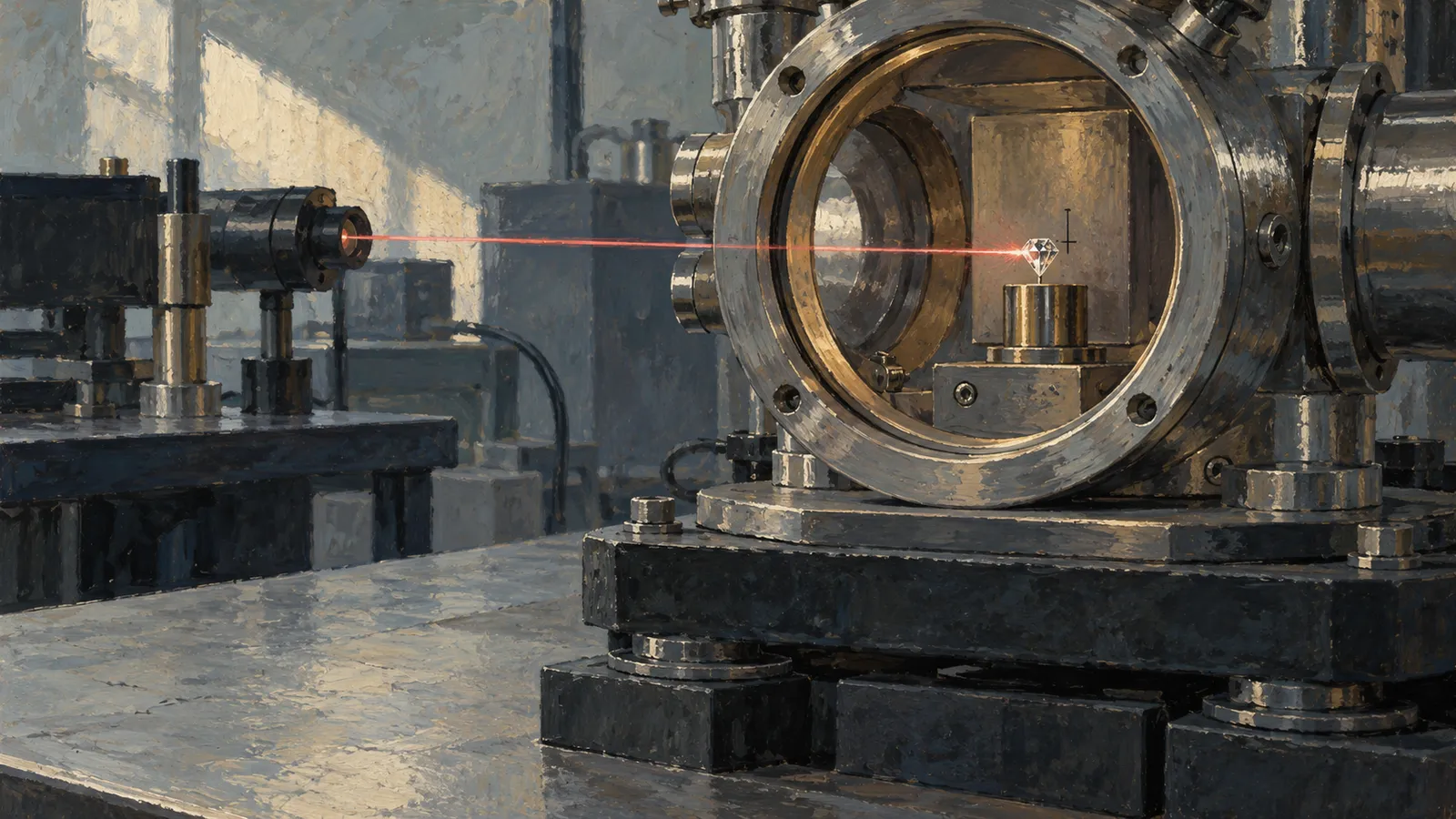 A painted laboratory scene shows a red laser beam aimed at a small diamond inside a large circular metal apparatus. SI illustration
