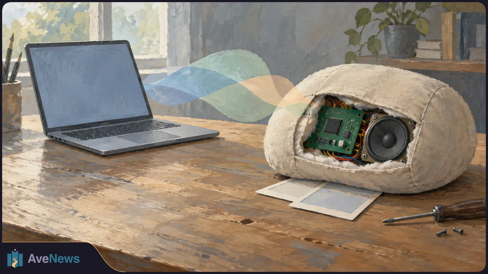 A painted scene shows a blank-screen laptop beside an opened oval device with a circuit board and speaker inside. A translucent colored wave stretches between them. SI illustration