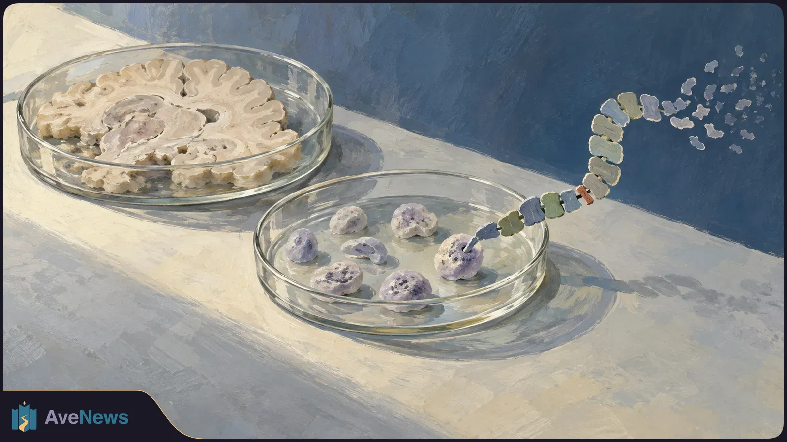 Painted illustration of a brain slice in one glass dish and small purple cell-like forms in another, with a curved chain of colored segments rising and breaking apart. SI illustration