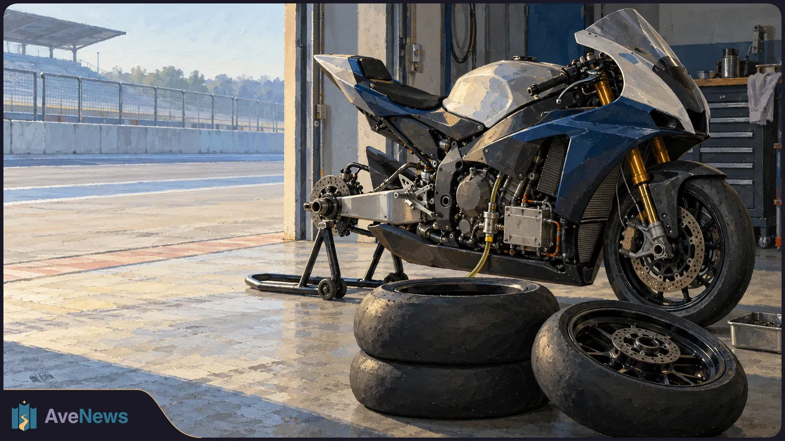 Painted racing motorcycle on a stand in a pit garage, with its rear wheel removed and spare tyres in the foreground; a racetrack is visible outside. SI illustration