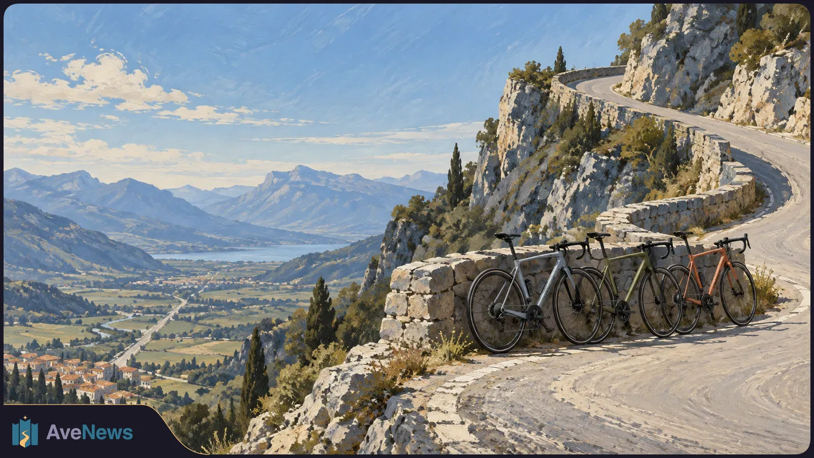 Painted mountain landscape with three road bicycles beside a stone wall on a winding road above a valley and lake. SI illustration